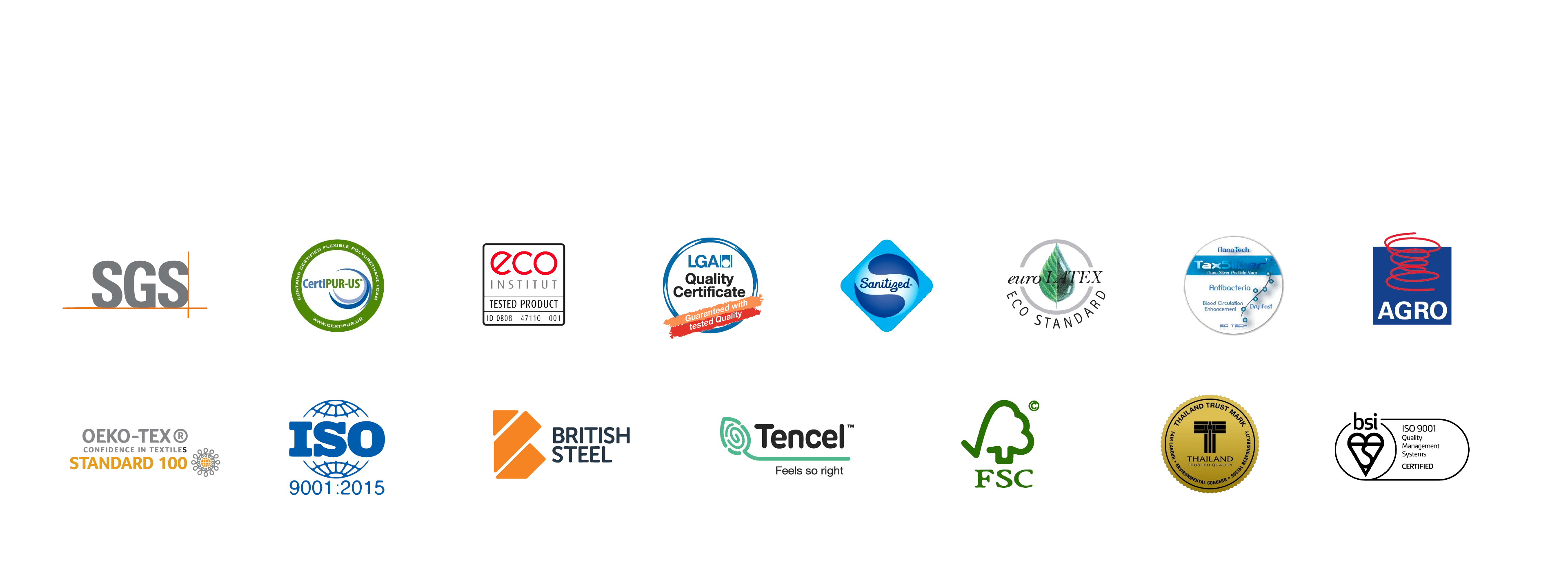 畫面中展示 OEKO-TEX® Standard 100 紡織品無毒保證、CertiPUR-US® 泡棉安全認證、SGS 無甲醛認證等覺醒家居通過的床墊相關認證標章