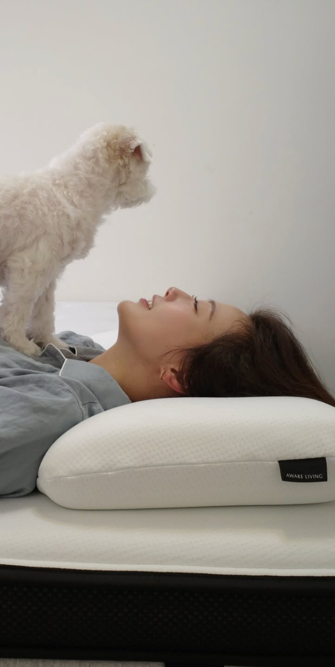 一位女性躺在 Awake Living 枕頭上,微笑地與站在她胸口上的小白狗互動。