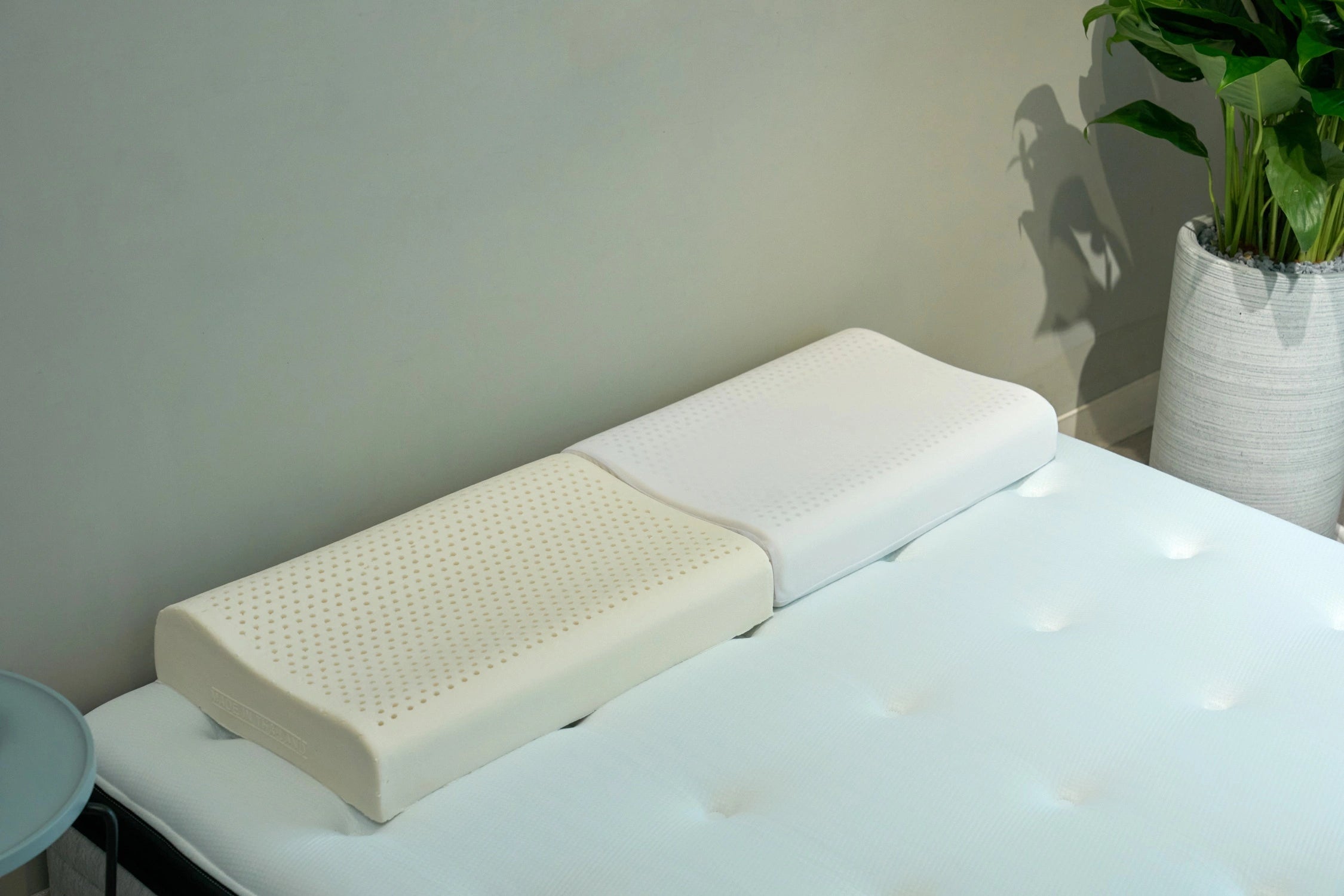 人體工學|泰國特A天然防蟎乳膠枕產品情境照 - 人體工學乳膠枕並排放置在床墊上